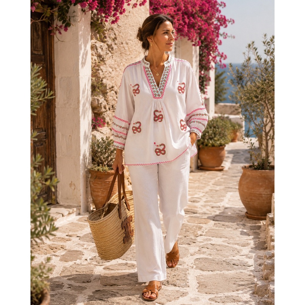 Nimo With Love Snake Embroidered Organic Cotton Boho Tunic XS